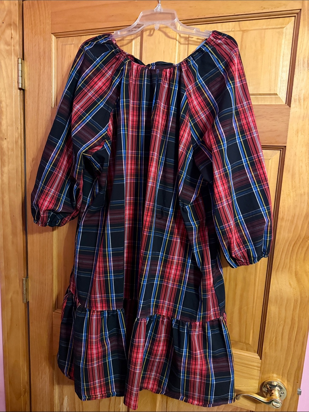 Women’s Red and Navy Plaid Off-Shoulder Casual Dress